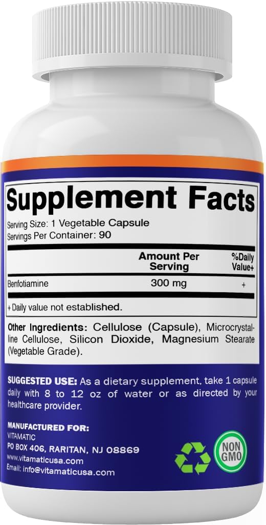 Vitamatic Benfotiamine 300 mg, 90 Vegetarian Capsules | Fat Soluble Form of Vitamin B1, Supports Healthy Energy Metabolism and Nervous System*, Non-GMO, Gluten Free, Made in USA 1 Bottle