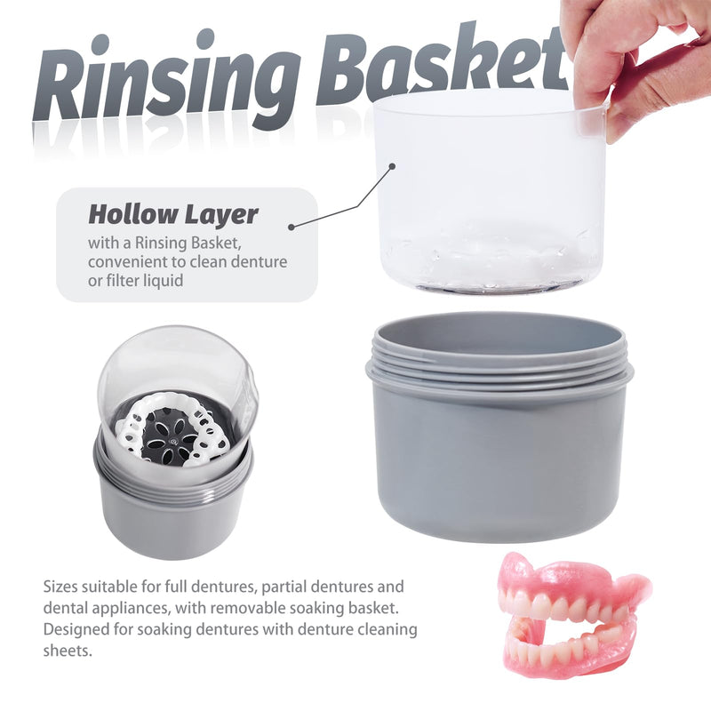 Large Denture Bath Cup No Leak Denture Case Retainer Cleaner Case Complete Cleaning Care Denture Clear and Retainer Denture Holder for Soaking (grey) grey