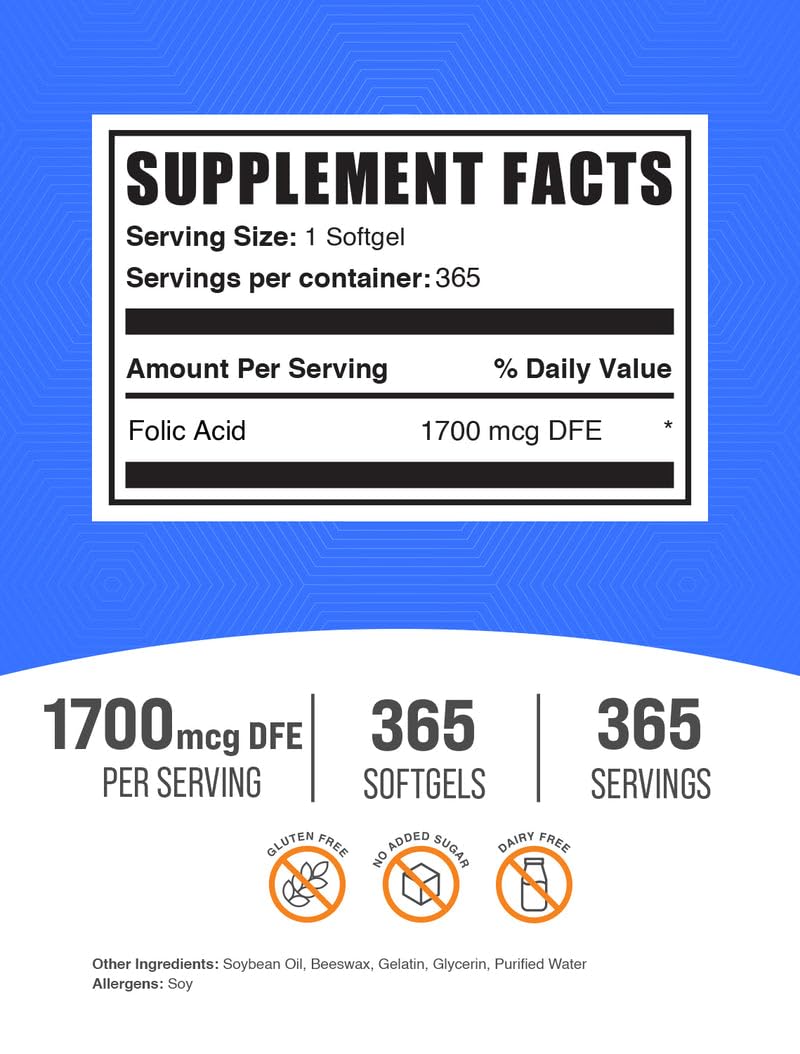 BulkSupplements.com Folic Acid Softgels - Vitamin B9, Folic Acid 1000 mcg, Folate Supplement - Gluten Free, 1 Softgel per Serving, 365 Count (Pack of 1) 365 Count (Pack of 1)