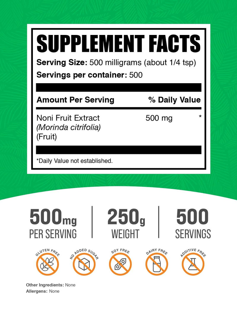 BulkSupplements.com Noni Fruit Extract Powder - Noni Fruit Supplement, Superfood Powder - Gluten Free, 500mg per Serving, 250g (8.8 oz) (Pack of 1) 8.8 Ounce (Pack of 1)