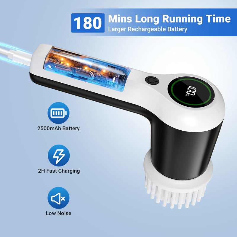 Electric Spin Scrubber, Cordless Shower Scrubber with Battery Level Display, 2 Speeds Electric Scrubber for Cleaning with 6 Replaceable Heads, Electric Cleaning Brush for Bathroom/Sink/Window White - BeesActive Australia