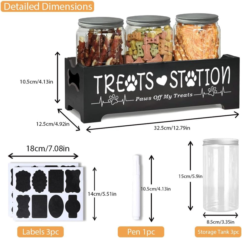 Dog Treat Container,Airtight Dog Food Storage Container with 3 Jars, Farmhouse Wood Dog Treat Jars, Pet Food Storage Containers for Dog, Cat or Small Animals(Black) - BeesActive Australia
