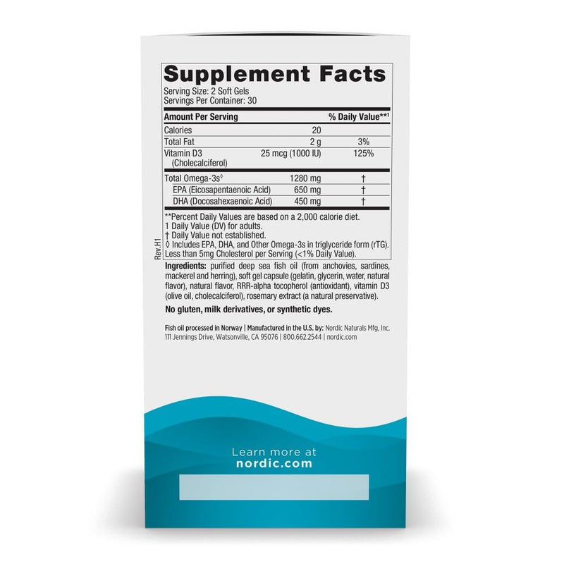 Nordic Naturals Ultimate Omega-D3,1280mg + 1000IU D3, Lemon - 60 Count | Omega-3 Fish Oil with EPA & DHA + Vitamin D3. Supports brain, heart & immune health. Lemon flavor. 30 servings. 2 per day. 60 Count (Pack of 1)