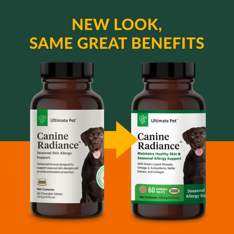 ULTIMATE PET NUTRITION Canine Radiance Skin Allergy Support Supplement for Dogs, Omega-3 Skin Hydration, Antioxidants to Prevent Itching and Strengthen Coat, 60 Chewable Tablets New Packaging - BeesActive Australia