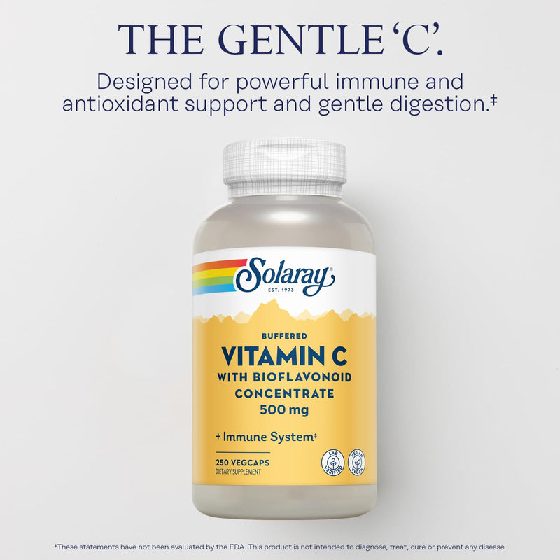 SOLARAY Buffered Vitamin C 500 mg, 250 VegCaps | Immune, Antioxidant & Collagen Support, Buffered Vitamin C with Bioflavonoids, 250 Servings, Vegan & Lab Verified 250 Count (Pack of 1)