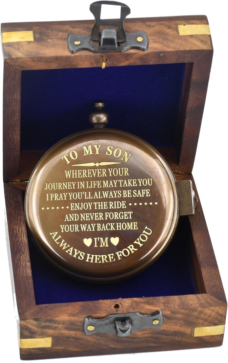 Son Gifts Mom and Dad, to My Son Compass Comes Grain Leather Case Brass Nautical - Personalized Sundial Compass, Birthday Gifts, Graduation Gifts Wooden Box - BeesActive Australia