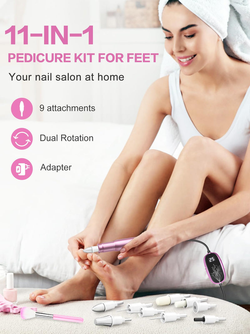 Subay Professional Manicure Pedicure Kit, Electric Nail Drill Set with LED Display, 25000RPM, 11-Piece Attachments Plus 20 Sanding Bands, Nail Grinder Tool for Women Men Baby Pets, with Dust Brush 1.pink - BeesActive Australia
