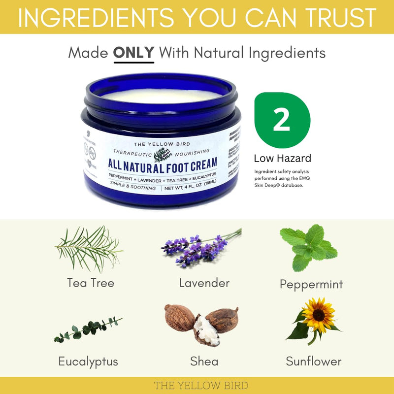 All Natural Foot Cream for Dry Cracked Feet & Heels – USA Made Callus Repair Balm with Organic Ingredients – Moisturizing Athlete’s Foot Relief with Peppermint, Tea Tree, Lavender, & Eucalyptus 4 FL Oz (Pack of 1)
