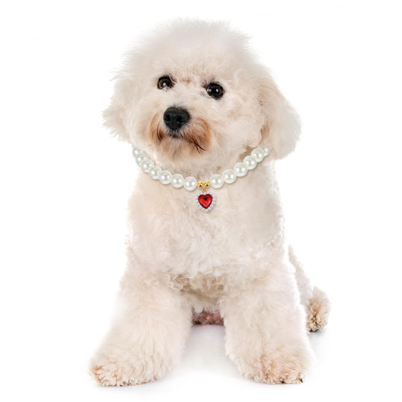 2 Pcs Cat Dog Pearl Collar, Heart Shaped Rhinestone Pet Necklace Dog Pearl Rhinestone Cat Collar, Beaded Dog Necklace Adjustable Pet Jewelry Accessories for Small Dogs Cats(Blue and Red) - BeesActive Australia