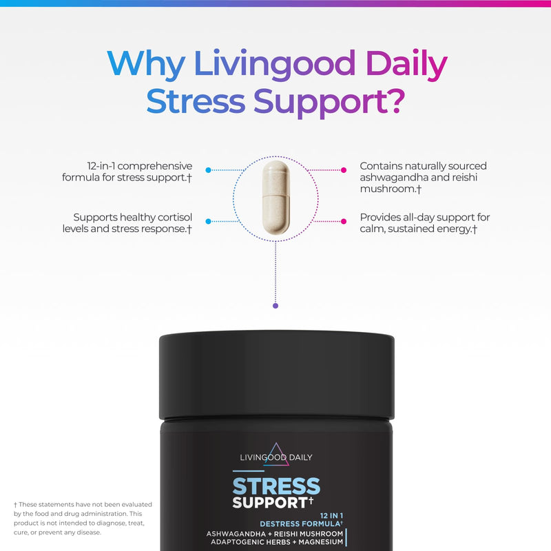 Livingood Daily Stress Support Supplement with Ashwagandha, 60 Capsules | 12-in-1 Calming Vitamins for Healthy Cortisol Levels, Adaptogenic Herbs, Reishi Mushroom, Vitamin B6, Magnesium, Made in USA