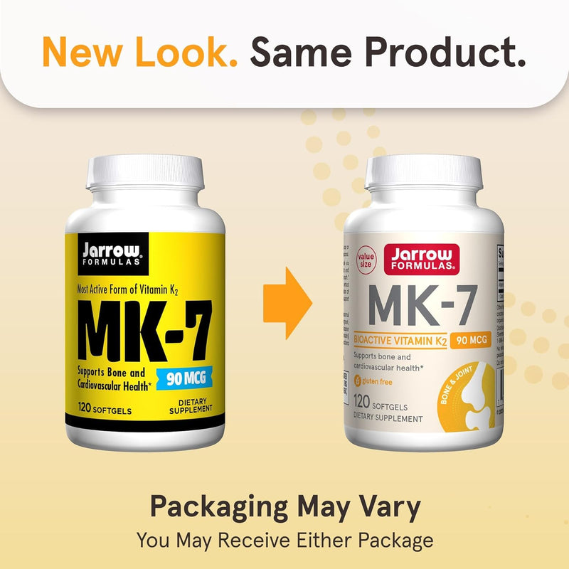 Jarrow Formulas MK-7 90 mcg - Bioactive Form of Vitamin K2-120 Servings (Softgels) - for Bone & Cardiovascular Health - Vitamin K2 MK-7 Dietary Supplement - Gluten Free (Pack of 2) 120 Count (Pack of 2)