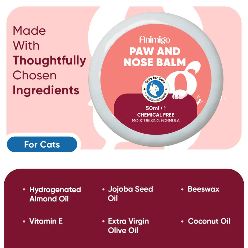animigo Cat Paw & Nose Balm - 50ml - Snout Soother & Moisturiser - For Cracked Paws & Dry Noses - Cat Paw Balm with Almond, Extra Virgin Olive & Coconut Oil - Free from Parabens - Natural Paw Cleaner