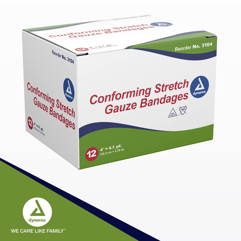 Dynarex 3104 Non-Sterile Stretch Gauze Bandage Roll, 4" x 4.1 yard, Pack of 12 12 Count (Pack of 1) - BeesActive Australia