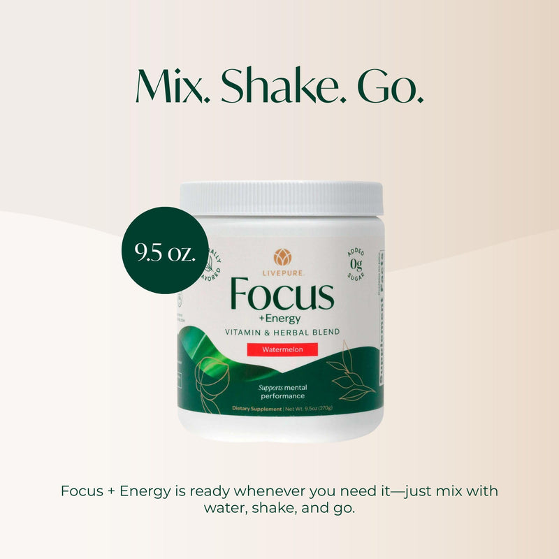 PURE Focus + Energy Tub Drink Mix | Zero Sugar | 9.5 oz | Watermelon Flavor | Natural caffeine from botanicals with antioxidants and B-complex vitamins | Energizing watermelon-flavored tub drink mix