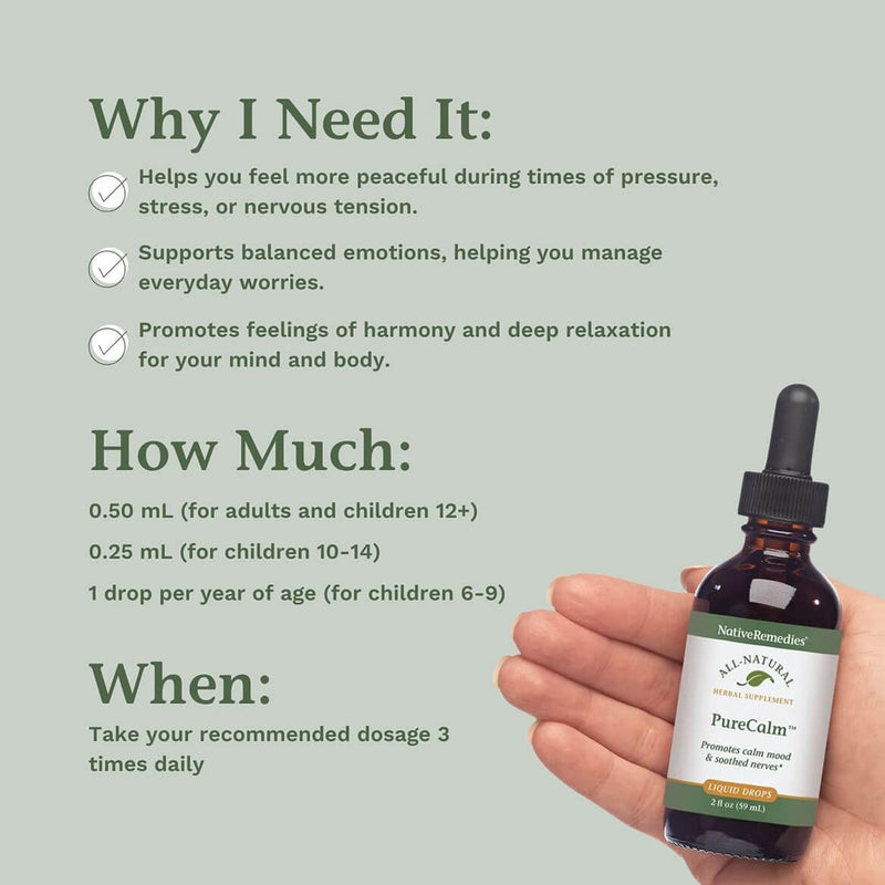 Native Remedies PureCalm - All Natural Herbal Supplement Promotes Feelings of Calm During Times of Pressure, Stress or Nervous Tension - 59mL 2 Fl Oz (Pack of 1)