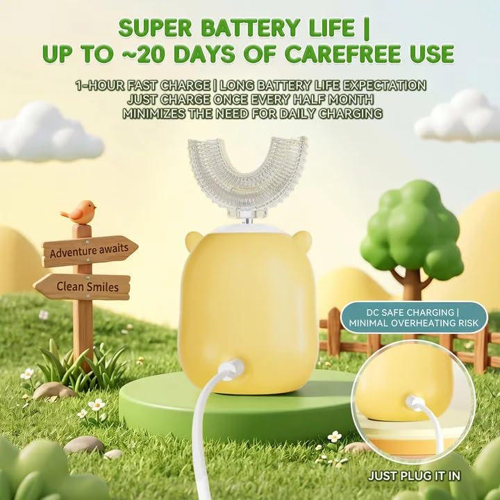 Kids Electric Toothbrushes, U Shaped Ultrasonic Toothbrush,Rechargeable Kids Toothbrush w/Smart Timer, Sonic Toothbrush (Yellow (Ages 7-15)) Yellow (Ages 7-15)