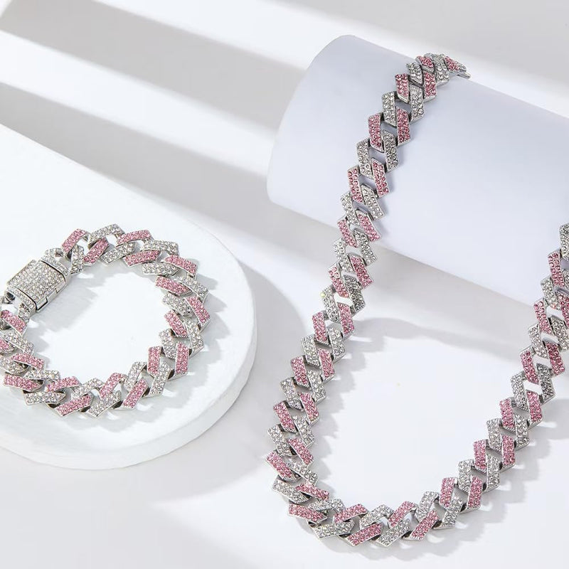 Pink Dog Necklaces for Small Dogs, Diamond Necklace Rhinestone Bling Glitter Metal Choke Cuban Link Dog Collar,Pet Jewelry for Puppy XXS XS Small Medium Large Dogs Cats(Pink 8inch) Pink 8 Inch - BeesActive Australia