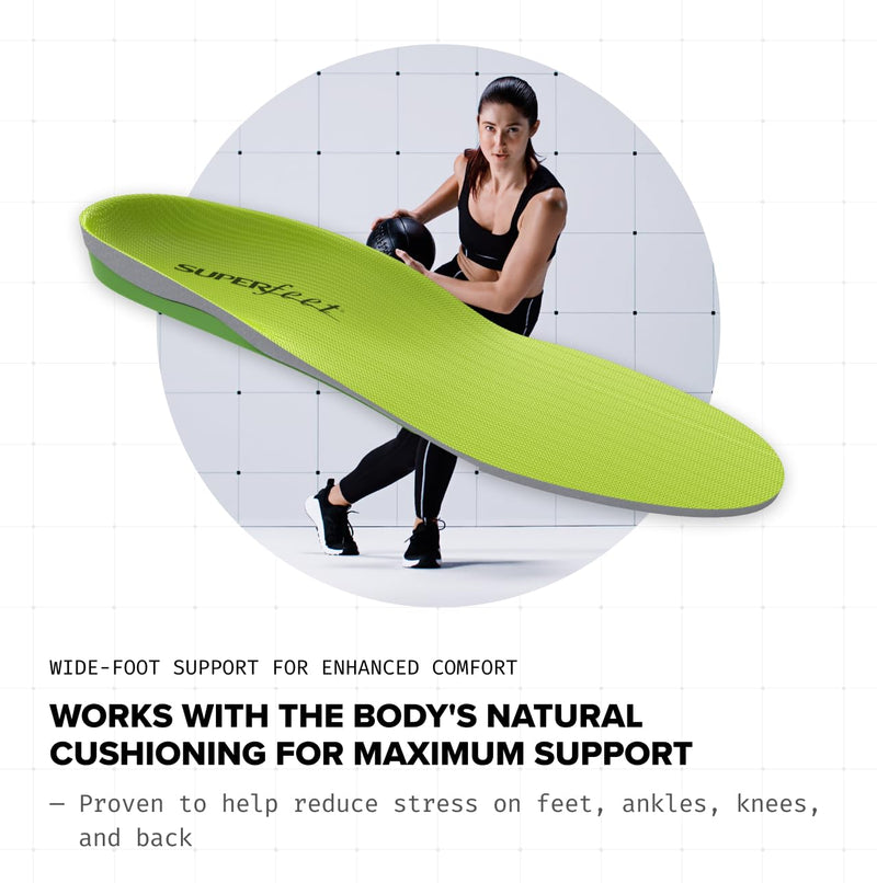 Superfeet All-Purpose Wide-Fit Support Insoles (WideGreen) for Wide Feet (3E-6E) & All-Day Workers Green 7.5-9 Men / 8.5-10 Women