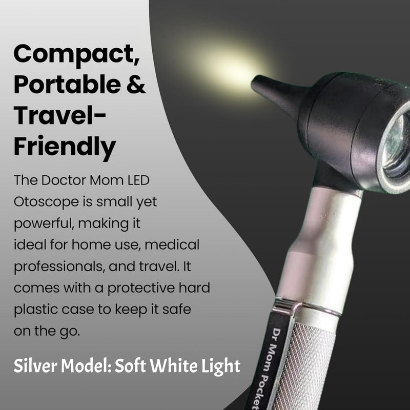 4th Generation Doctor Mom LED Pocket Pro Otoscope with Both Adult and Pediatric Disposable Specula Tips, Battery, and Protective Hard Plastic Case Silver - BeesActive Australia