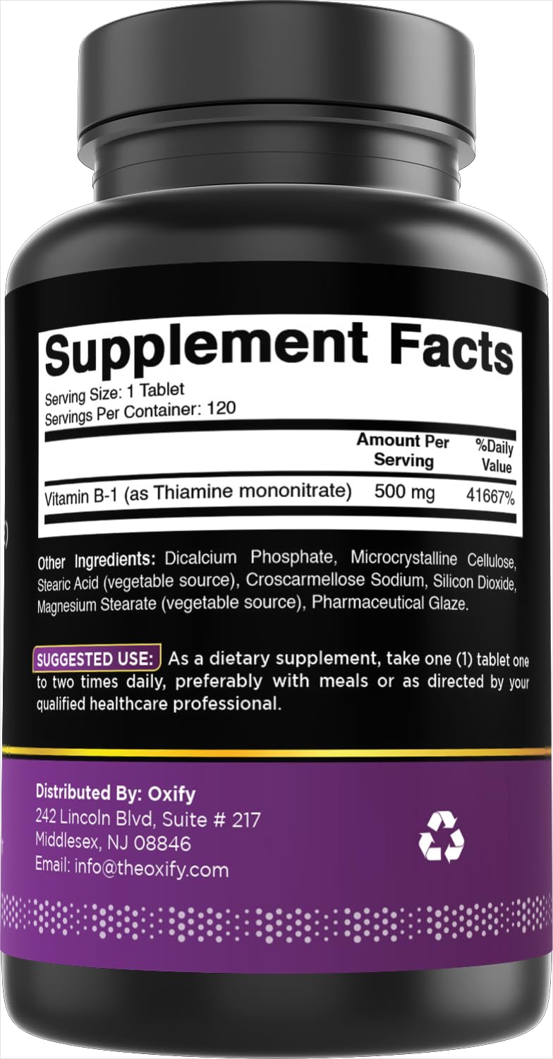 Oxify Vitamin B1 (Thiamine) 500 mg | 120 Tablets | Gluten-Free, Non-GMO | Supplement Made in USA