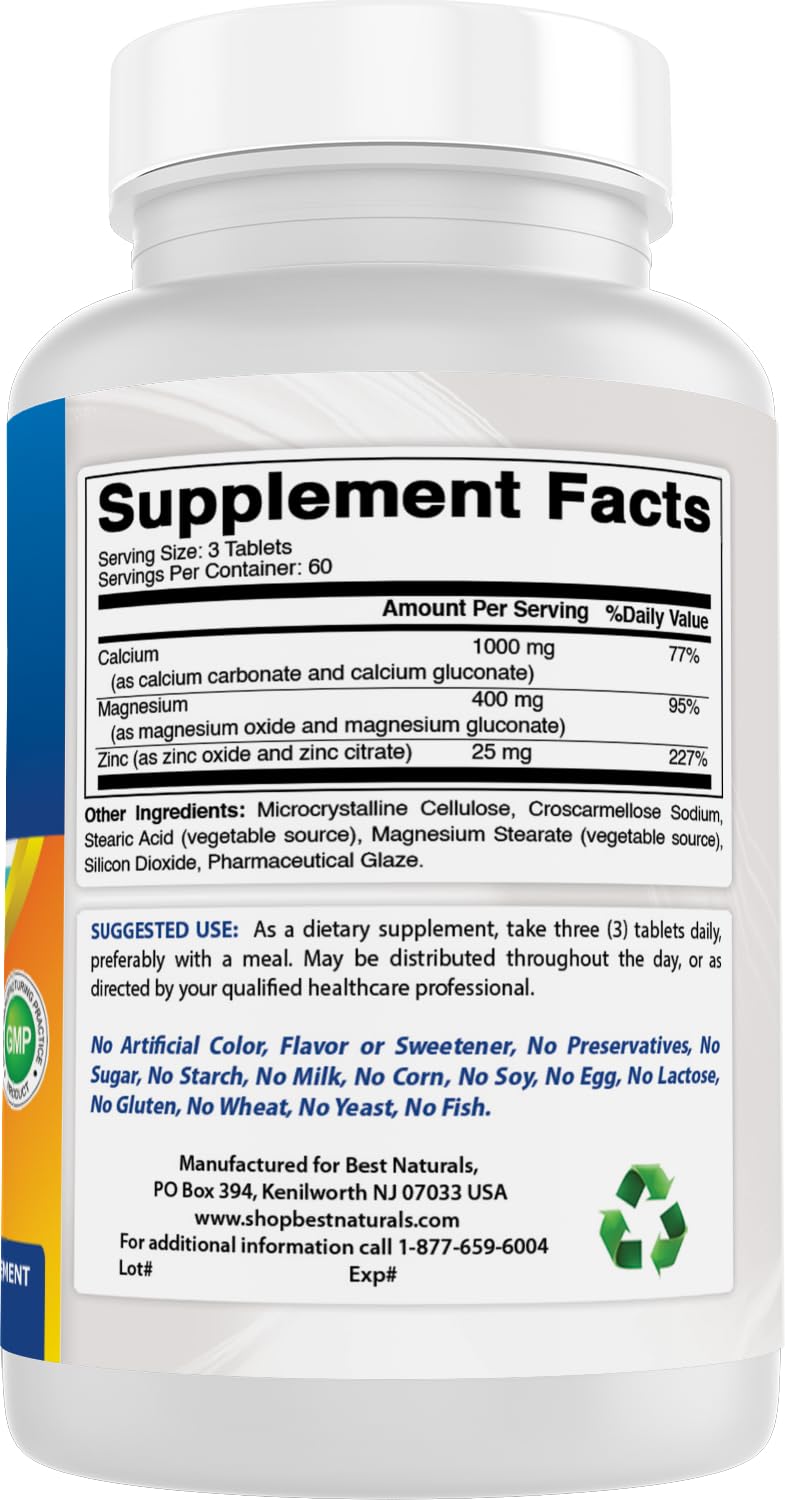 #1 CAL MAG ZINC by Best Naturals - Essential Mineral Complex - Manufactured in a USA Based GMP Certified Facility and Third Party Tested for Purity. Guaranteed!!, 180 Tablets Unflavored 180 Count (Pack of 1)