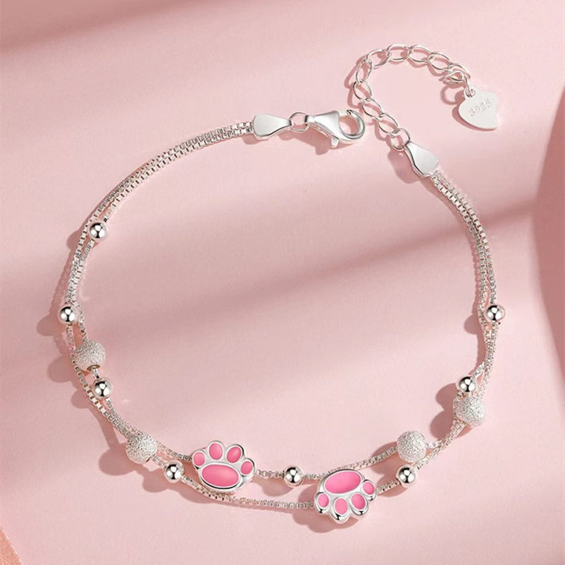 UUONLY Rose Gold Plated S925 Silver Cat Paw Print Necklace Bracelet, Cat Dog Paw Pink Crystal Paw Pendant Necklace, Cat Paw Jewerly Set for Women Bracelet 1 - BeesActive Australia