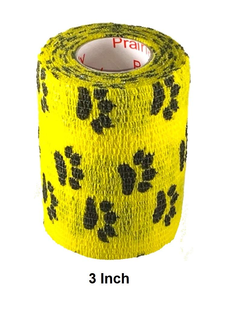 Vet Wrap Wrap Tape (Yellow with Paw Prints) (2 Pack) (2 Inch x 15 feet) Self Adhesive Adherent Adhering Cohesive Flex Self Stick Bandage Grip Roll Dog Cat Pet Horse 2 Inch 2 PACK Yellow With Black Paws - BeesActive Australia
