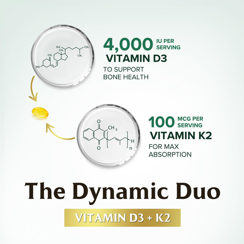Vitamin D3 4000 IU 100mcg Per Serving - Extra Strength Vitamins D K2 2-in-1 for Bone, Heart, & Muscle Support - Immune Support & Calcium Absorption with Olive Oil - Non-GMO USA Bottled - 240 Softgels 240 Count (Pack of 1)