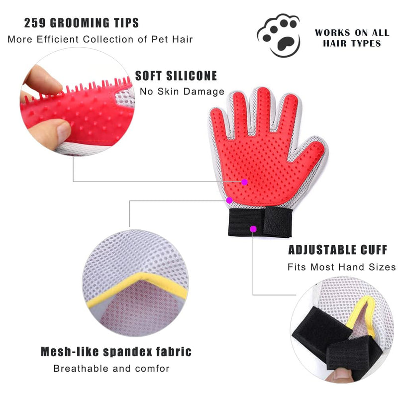 Marchul Grooming Glove, Dog Grooming Brush Glove with 260 Tips, Cat Hair Removal Massage Glove for Long/Short Hair, Efficient Pet Hair Remover Glove for Cat, Dog, Horse (1 Red - BeesActive Australia
