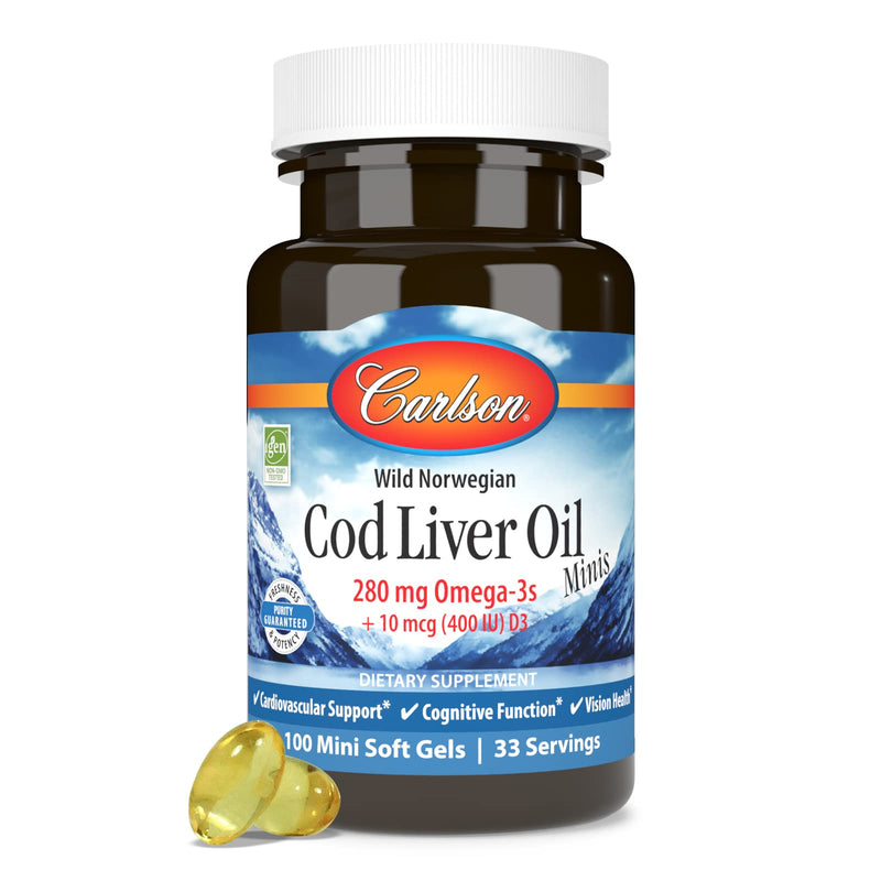 Carlson Cod Liver Oil Minis, 280 mg, from Norway, 100 Mini Softgels | Omega-3s + Vitamins A and D3; Wild Caught; Sustainably Sourced 100 Count (Pack of 1)
