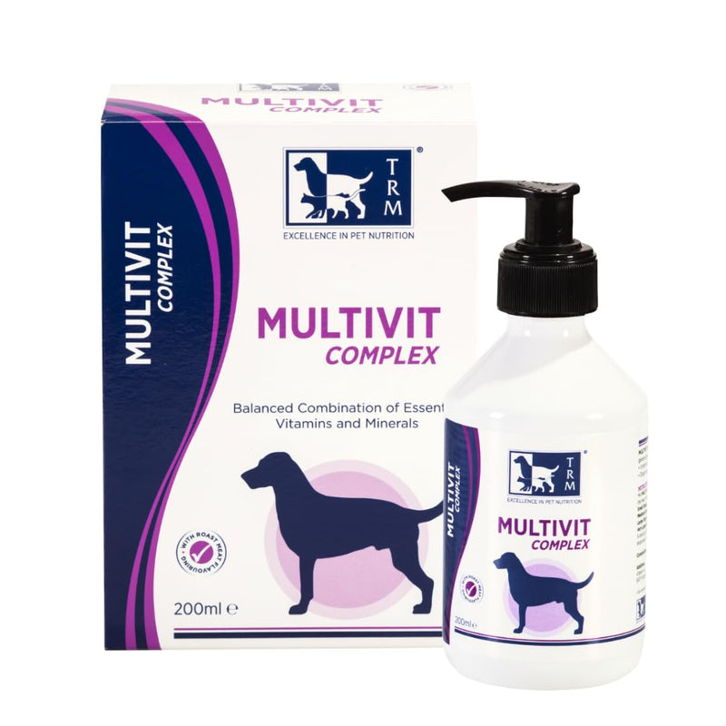 TRM PET Multivit Complex (200ml). Balanced complementary feed containing essential vitamins and minerals needed for general good health, energy and vitality. Suitable for all breeds and ages of dogs. 200ml