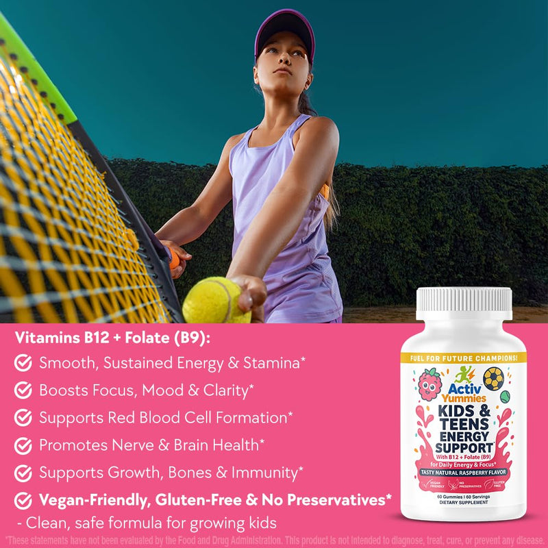 Kids & Teens Energy Support with Vitamin B12 + Folate (B9) - Supports Energy Production, Brain Function & Metabolism - Gluten Free - Raspberry Flavor - Soft Chew 60 Gummies (60 Servings)