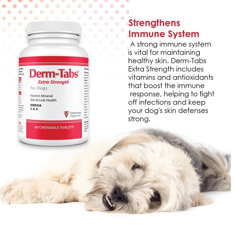 Derm Tabs Extra Strength for Dogs - Natural Oil, Vitamins, Minerals, and Antioxidants - Support Healthy Skin and Reduce Shedding -60 Chewable Tablets