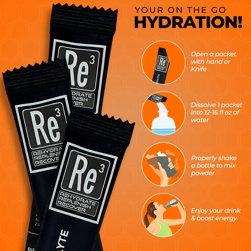 Re3 - Rehydrate - Replenish - Recover Electrolyte Powder Packets. No Sugar, 7 Cal, 1.4 Carbs. The Best Mix of Vitamins and Minerals (Orange) Orange