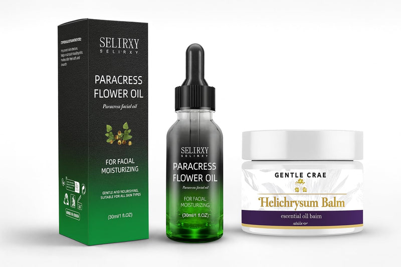 Organic Paracress Facial Oil & Helichrysum Balm Bundle — Anti-Aging Moisturizing Facial Oil + Helichrysum Balm with Beeswax & Almond Oil for Dry Skin, Stretch Marks & Scars, Skin Firming & Glow