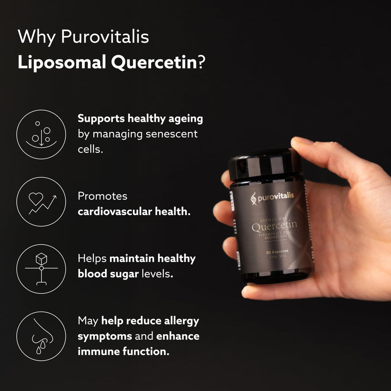 PUROVITALIS Liposomal Quercetin 150mg with Bromelain, Vitamin C & Zinc, 99% Purity Immune Support Supplement, 1-Month Supply (30 Vegan Capsules)