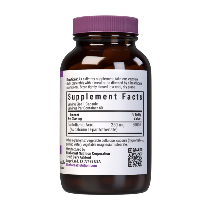 BlueBonnet Nutrition Pantothenic Acid 250 mg, 60 Vegetable Capsules | Non-GMO, Vegan, Gluten-Free 60 Count (Pack of 1)