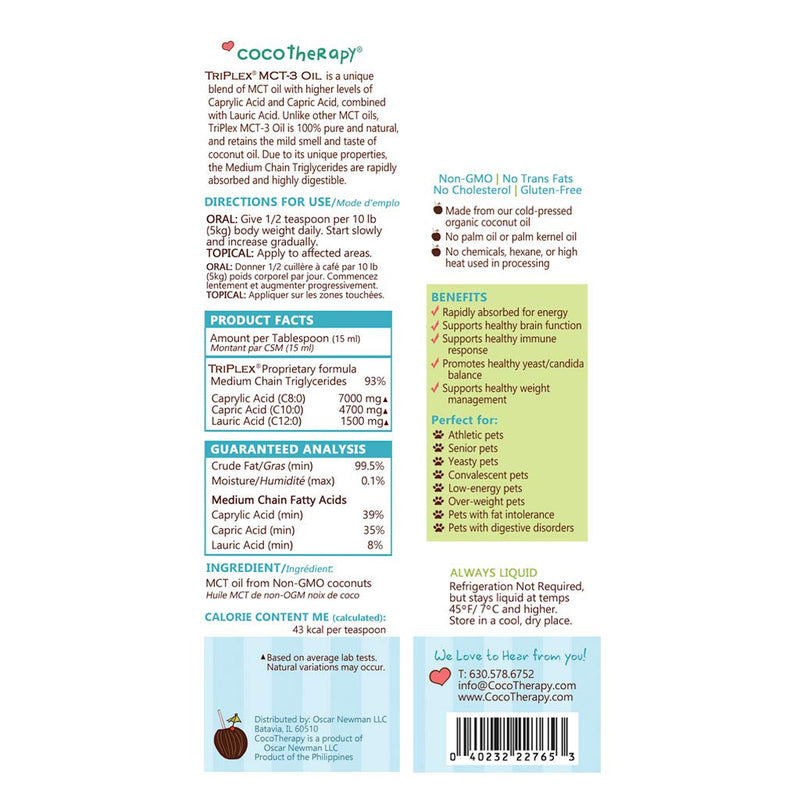 CocoTherapy Triplex MCT-3 Oil, Non-GMO, 100% Pure and Natural, 8 oz. 8 oz. - PawsPlanet Australia