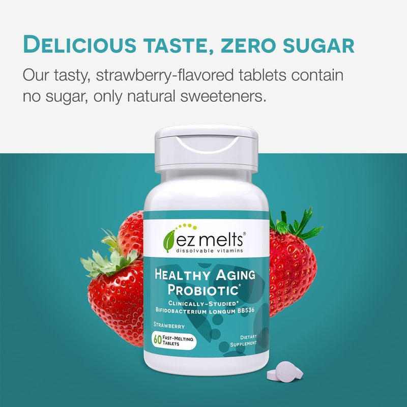 EZ Melts Healthy Aging Probiotic - Daily Probiotic for Digestive & Gut Health Support - with Bifidobacterium Longum - Non-GMO & Vegan - Strawberry - 120 Dissolvable Tablets (120 Servings) 60 Count (Pack of 2)