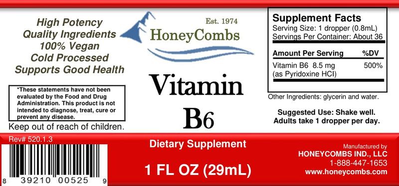HoneyCombs Vitamin B6 Liquid Drops, Pyridoxine HCl Supplement, 1oz | Liquid Vitamin B6 Pyridoxine supports healthy energy metabolism in a fast-absorbing liquid formula. 1 Fl Oz (Pack of 1)