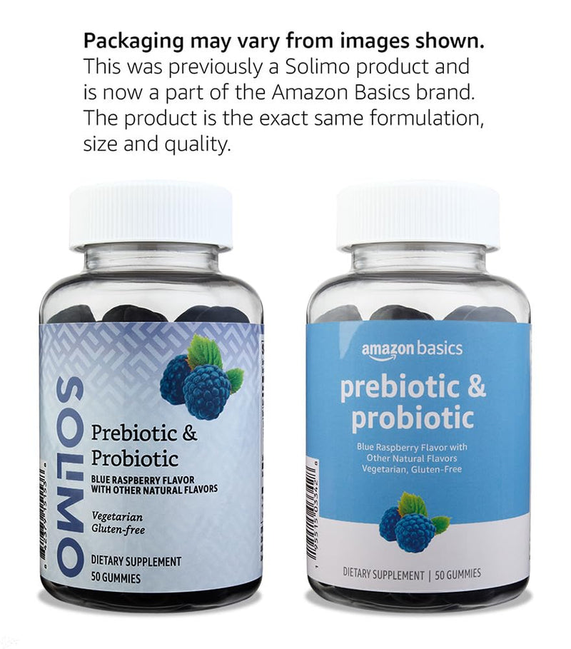 Amazon Brand - Solimo Prebiotic & Probiotic Gummies, 2 Billion CFU, Blue Raspberry, 50 Count (2 per Serving) 50 Count (Pack of 1)