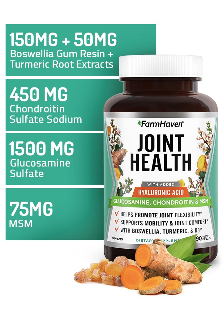 FarmHaven Glucosamine Chondroitin MSM with Boswellia, Turmeric| Added Hyaluronic Acid & Vitamin D3 | Promotes Joint & Muscle Health & Inflammation Response | Non-GMO & Gluten Free | 90 Capsules | Supports Joint Health and Healthy Inflammation Response ...