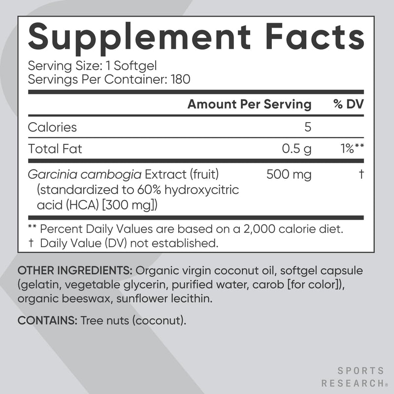 Sports Research Garcinia Cambogia Extract (60% HCA) with Extra Virgin Organic Coconut Oil | Non-GMO, Soy & Gluten Free (180 Liquid Softgels) 180 Count (Pack of 1)