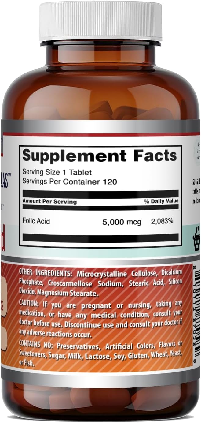 Amazing Formulas Folic Acid 5000 Mcg per Serving | Tablets Supplement | Non-GMO | Gluten-Free | Made in USA (2 Pack | 120 Count) 2 Pack | 120 Count