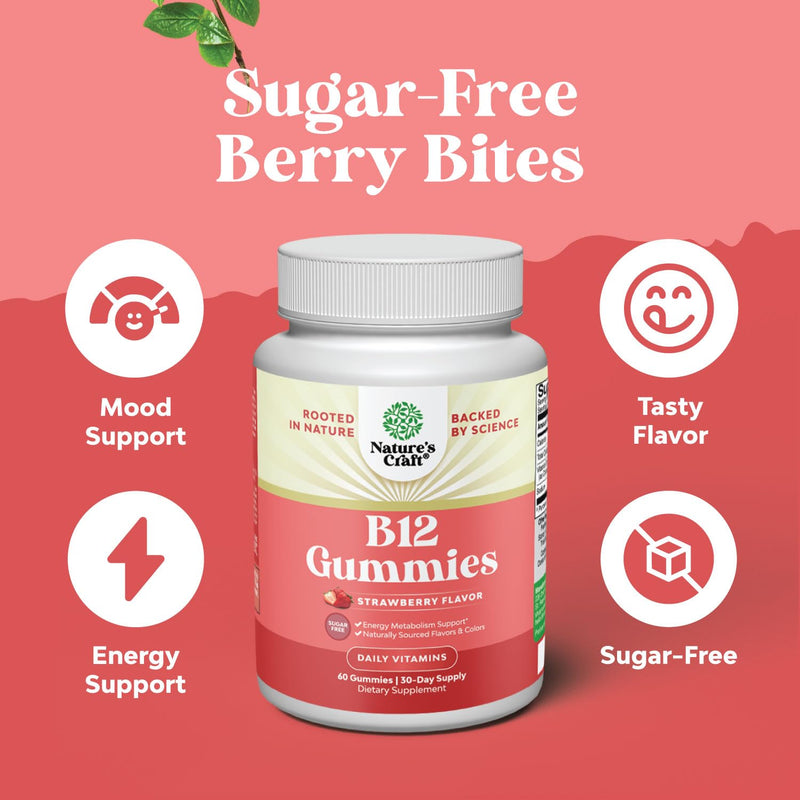Natures Craft Sugar Free Vitamin B12 Gummies 1000mcg - 60 Count | Chewable B12 gummies for energy, mood, immune & nerve health support; kosher & gluten-free 60 Count (Pack of 1)