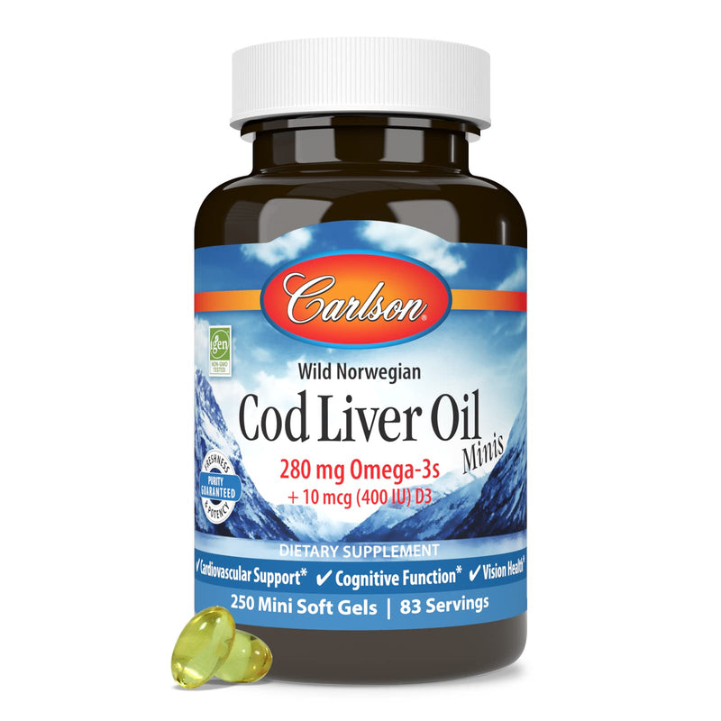 Carlson Cod Liver Oil Minis, 280 mg, From Norway, 250 Mini Softgels | Omega-3s + Vitamins A and D3; Wild Caught; Sustainably Sourced 250 Count (Pack of 1)