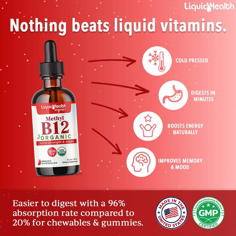 LIQUIDHEALTH USDA Organic Methyl Vitamin B12 Methylcobalamin Liquid Drops with Tart Cherry Juice - Boost Energy, Immune Support, Improve Memory & Concentration - USA Made, Vegan, Non-GMO (3 Pack) 2 Fl Oz (Pack of 3)