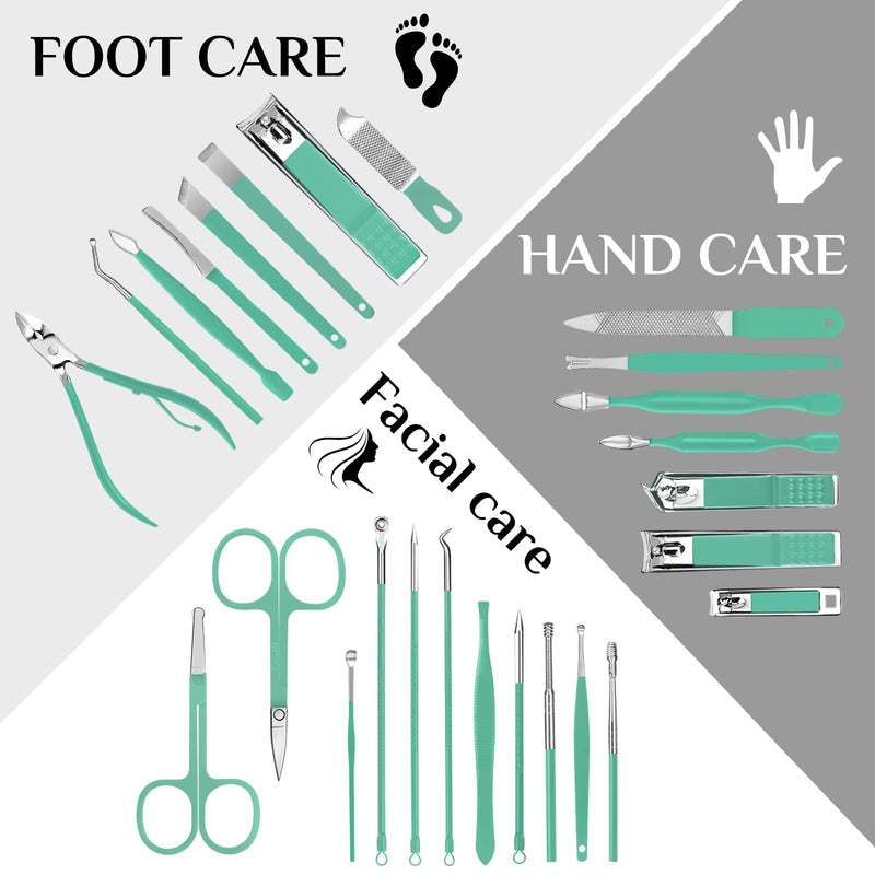MINKINH Travel Manicure Set 26-Piece, Portable Nail Clippers Kit with PU Case, Carbon Steel Clippers, 410 Stainless Steel Grooming Tools, Hand Foot Facial Care for Luggage Backpack（Green） Green
