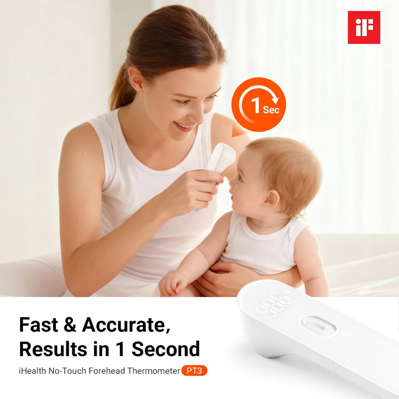 iHealth No-Touch Forehead Thermometer for Adults, Kids, Babies - 1s Fast Accurate, 3 Ultra-Sensitive Sensors, Quiet Vibration Feedback, Digital Large LED Digits, Easy to Use for Home & Nurses, PT3 White - BeesActive Australia