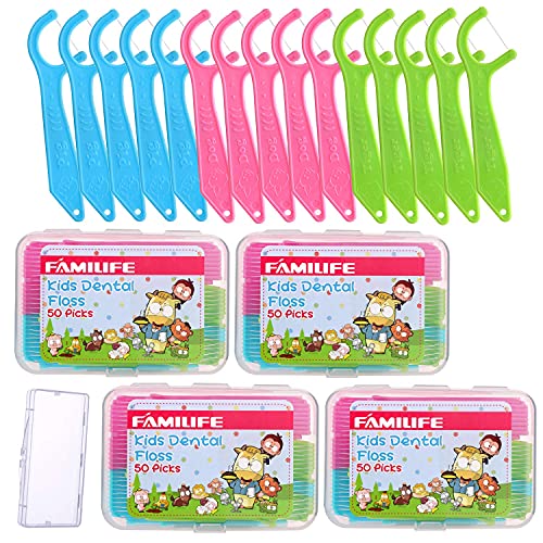 FAMILIFE Kid's Dental Floss Picks Without Fluoride, 4 Travel Handy Cases Unflavored Flosser 120 Picks and 4 Travel Cases 200 Picks Animal Pattern